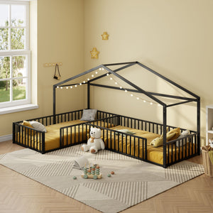 L-Shaped Montessori Bed For 2 Kids With Partitioned Fence
