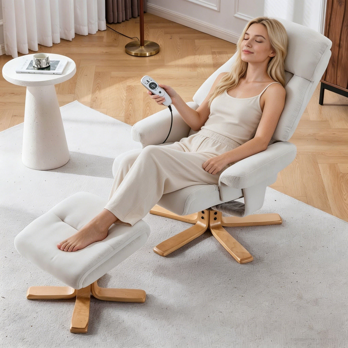 Upholstered Heated Massage 360° Swivel Accent Chair With Ottoman