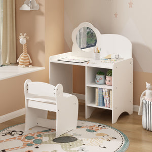 Kids Vanity Table With Mirror And Chair, Dressing Makeup Desk With Storage Shelves - White