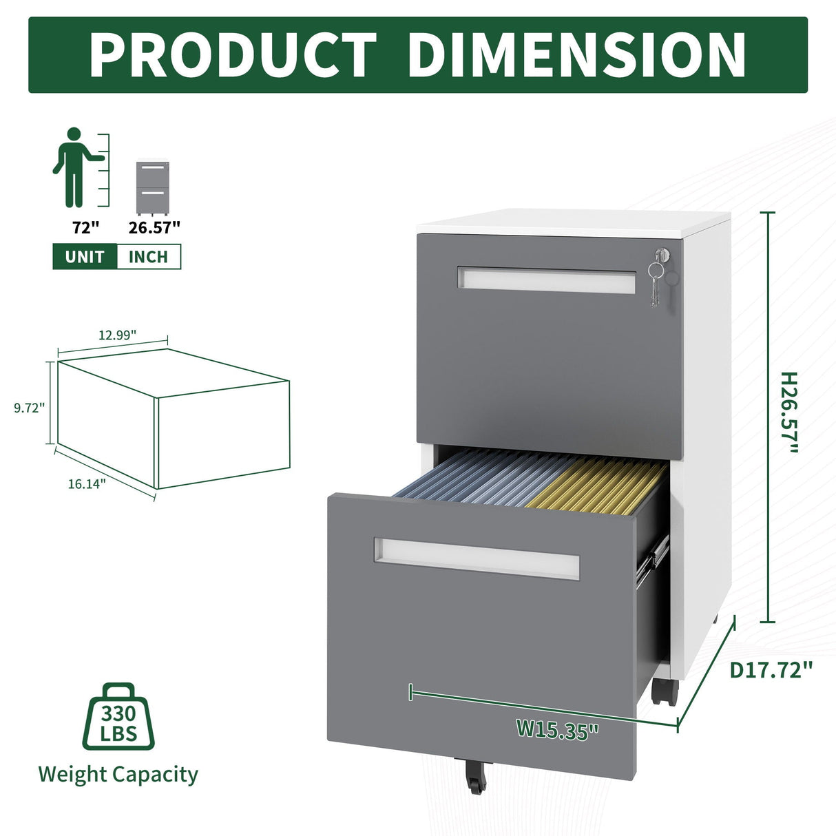 2-Drawer Mobile File Cabinet With Lock, On 360° Wheels, Holds A4/Letter/Legal Files - White