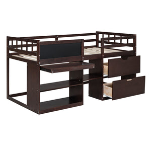 Low Loft Bed With Rolling Desk, Shelf And Drawers