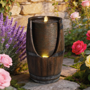 Outdoor Barrel Water Fountain with Lights Rustic Wood Look Resin Handmade Waterfall Garden Decor for Patio Yard Porch