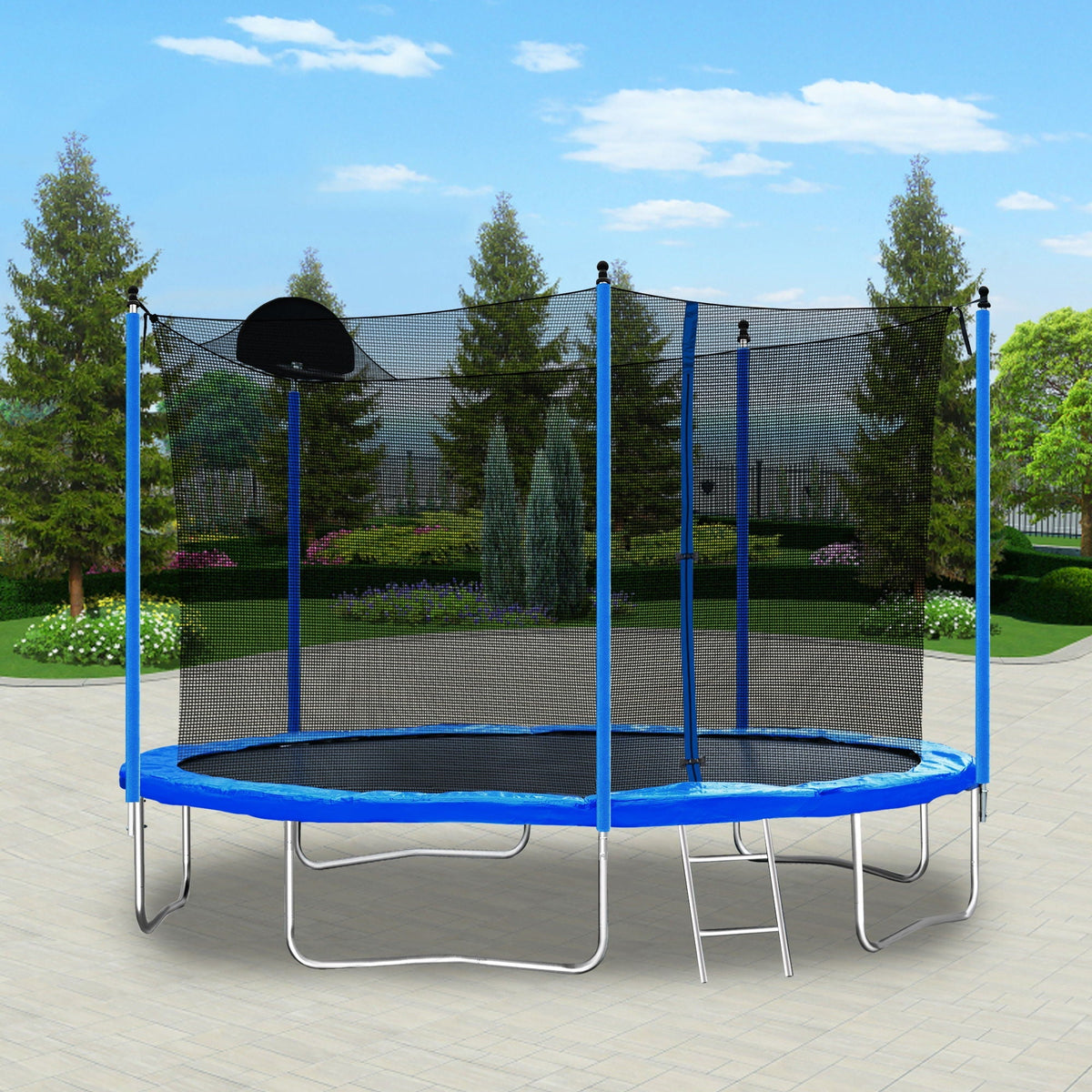 12Ft Trampoline with Basketball Hoop and Safety Net - Blue