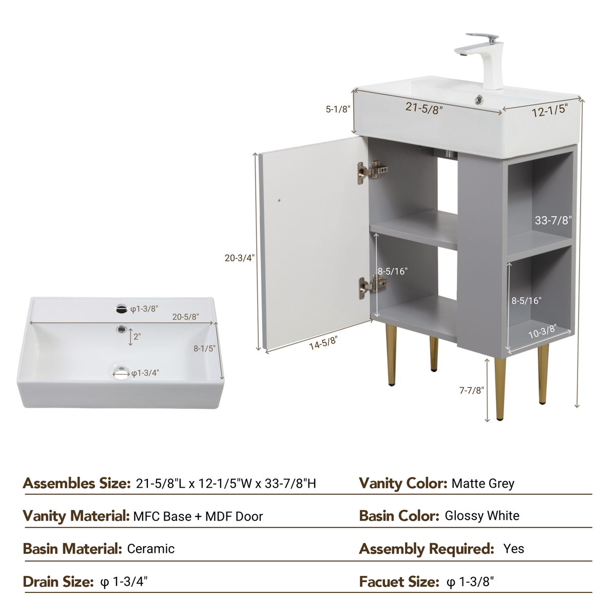 21.6" Open-Shelving Vanity with Ceramic Sink