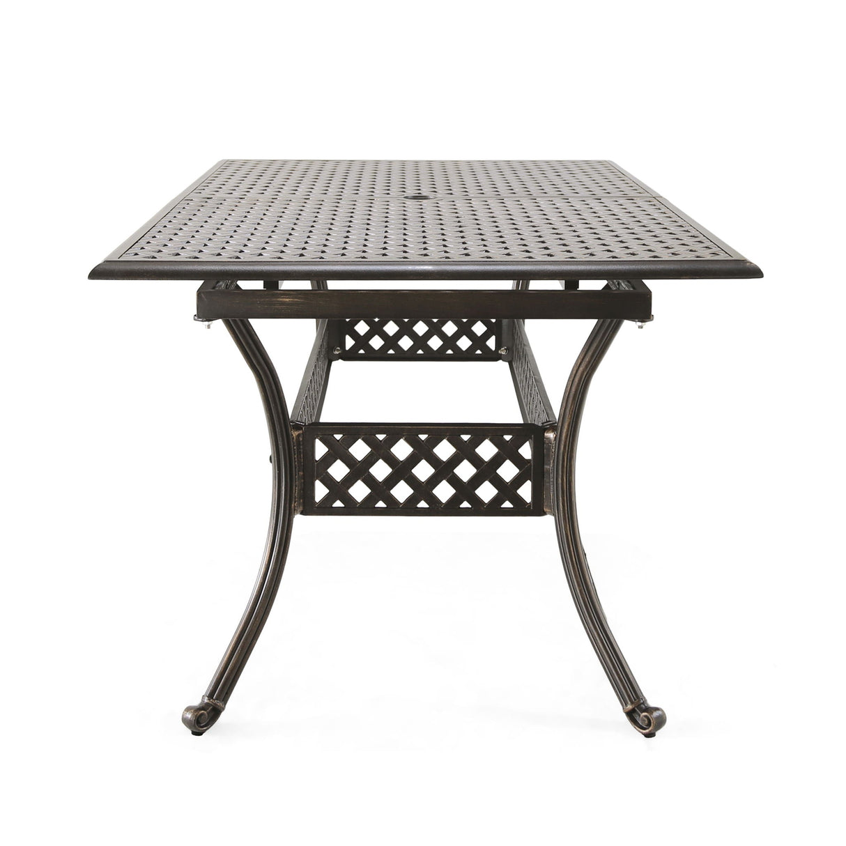 Outdoor Expandable Dining Table With Umbrella Holder, Lattice Pattern And Curved Legs - Black