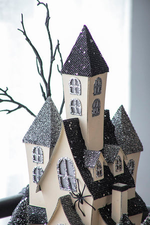 Cardboard Lighted Haunted House, Tabletop Holiday Halloween Decor, Battery Powered - Beige / Black