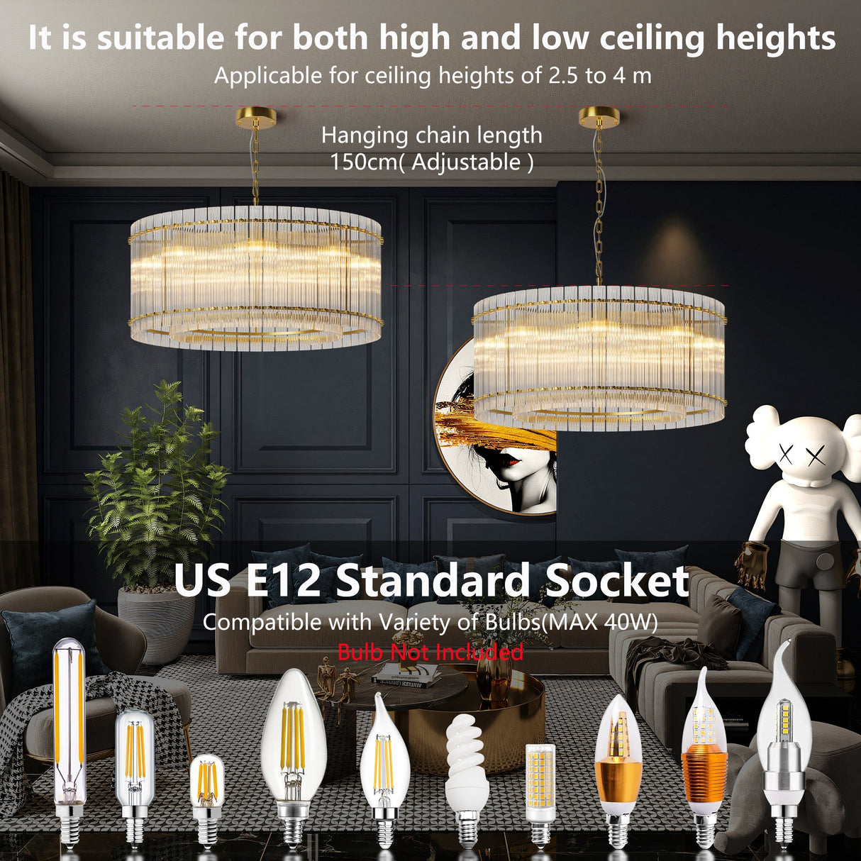 37' Modern Gold Round Chandelier,2-Tier 8-Light Water Ripple Crystal Glass Chandeliers,for Dining Room,Living Room,Bedroom,High Ceiling,Foyer Entryway,Luxury Chandelier