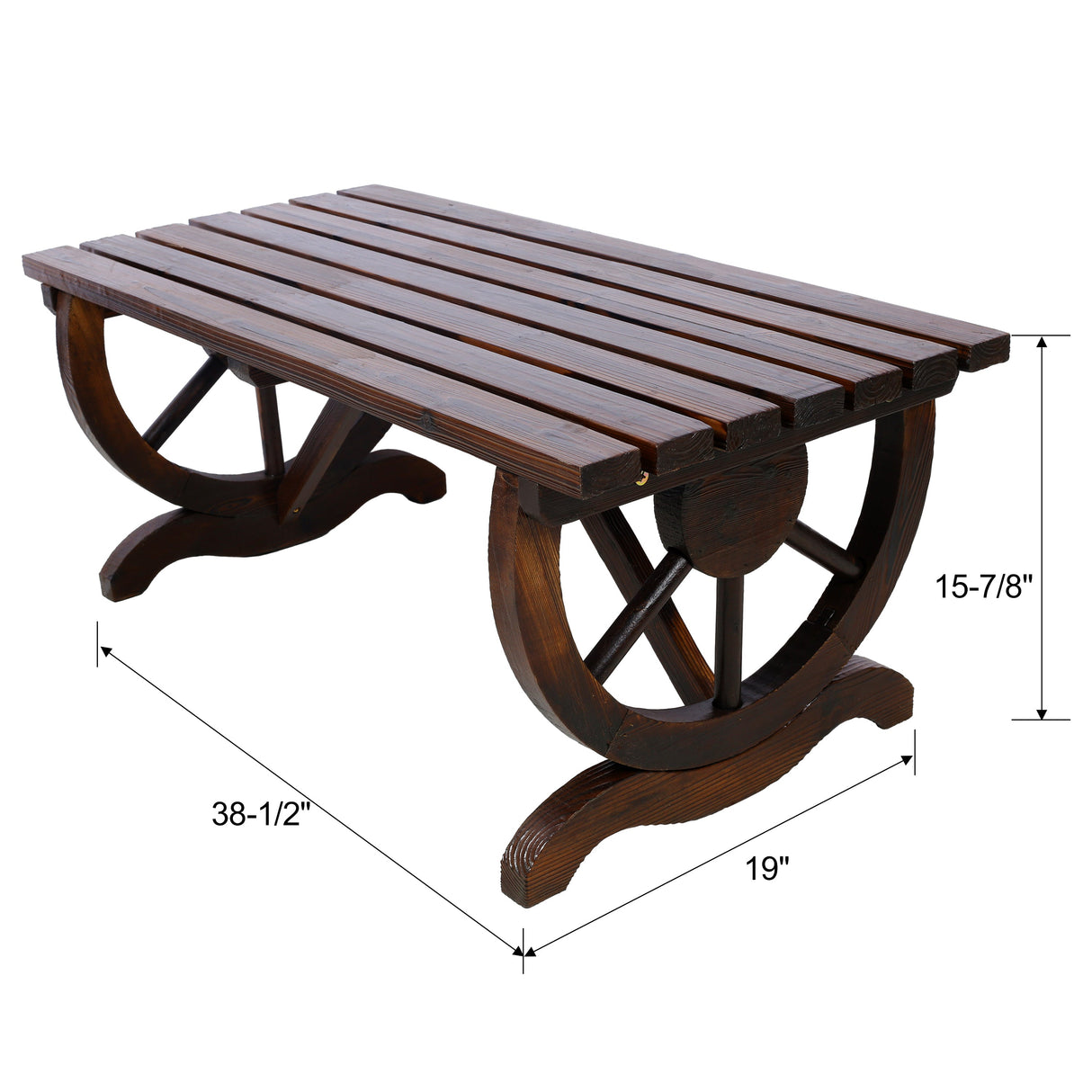 Outdoor Rustic Wooden Bench with Wagon Wheel Legs, 2 People Outdoor Bench Garden Bench Front Porch Furniture Patio Lawn Yard Park, Indoor and Outdoor Decor
