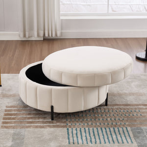 Upholstered Round Ottoman With Reversible Lid, Channel Tufted Pumpkin Shape