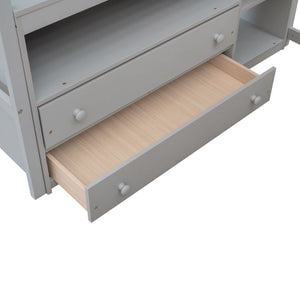 Modern Loft Bed With Built In Desk, Shelves, And 2 Drawers