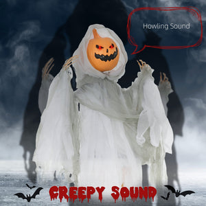 Outdoor Halloween Hanging Pumpkin Ghost with Light-Up Eyes and Sound - Orange
