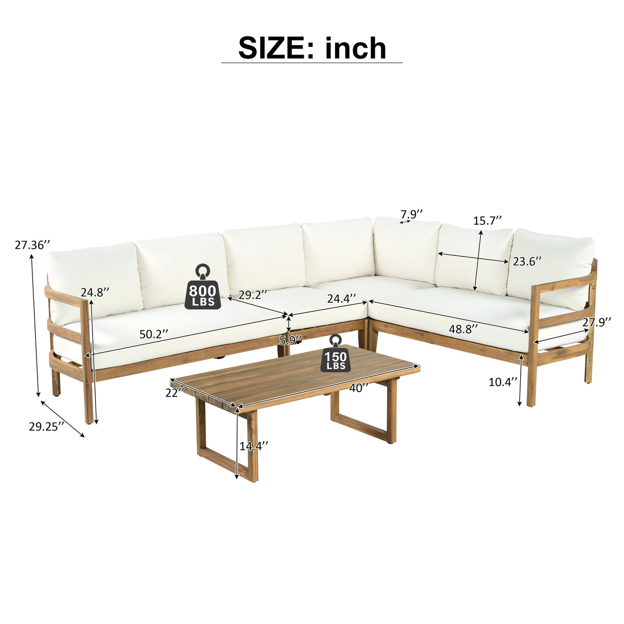 Outdoor Acacia Wood 5-Seater Sectional Sofa Set