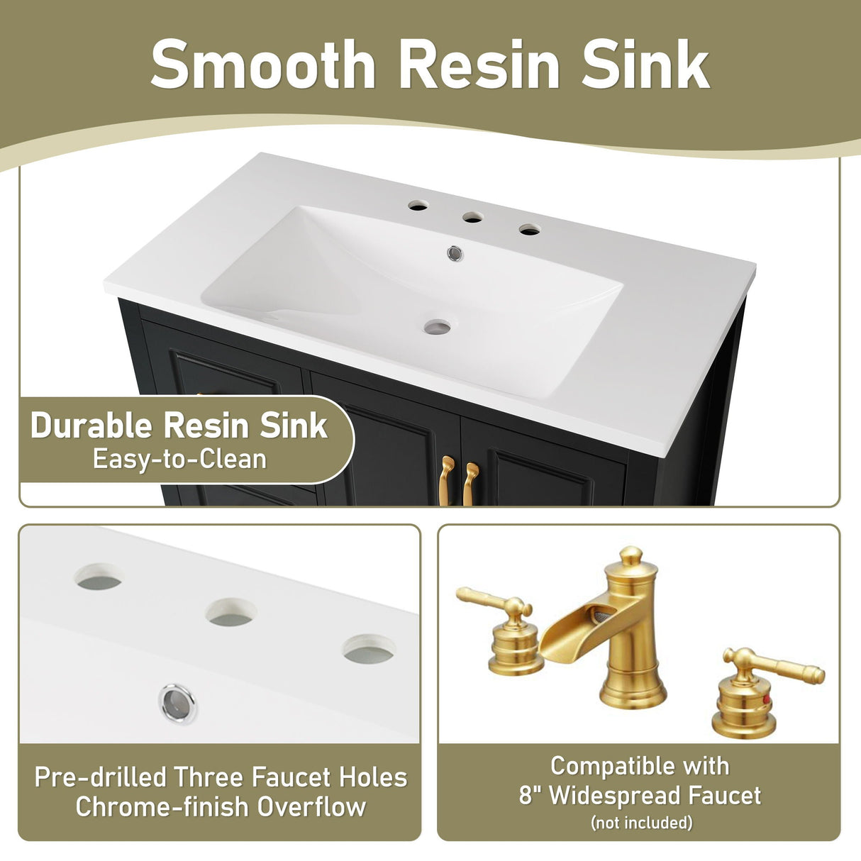 Bathroom Vanity With Sink, Soft Closing Doors & Drawers, Metal Handles
