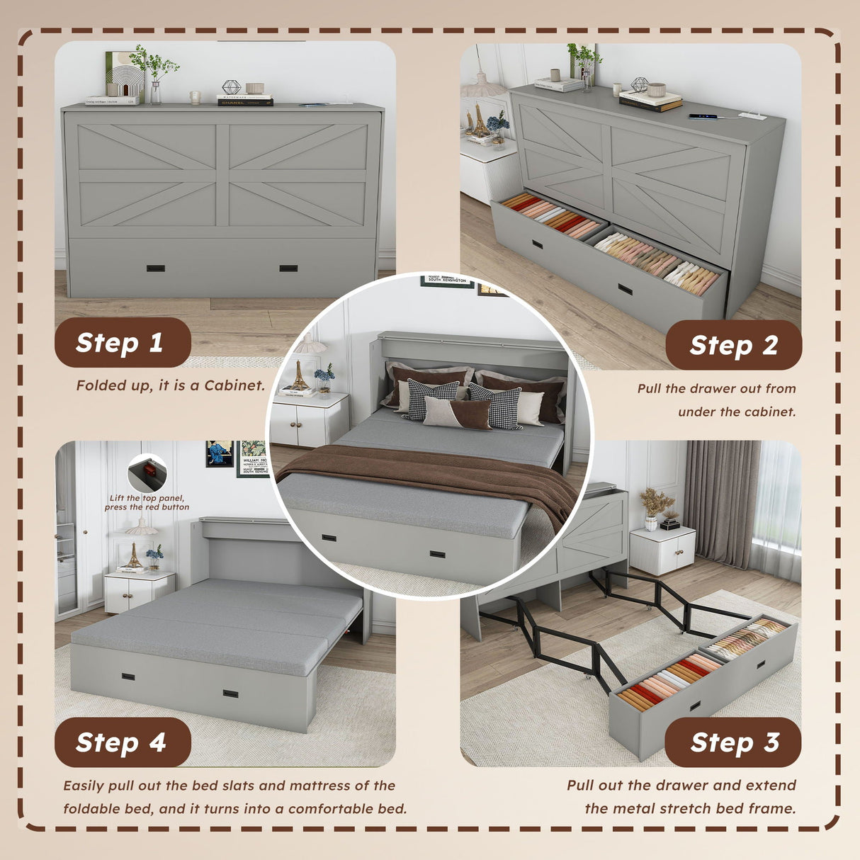 Full Murphy Bed With Storage Drawers, Charging Station, Foldable Panels, And Silent Swivel Wheels