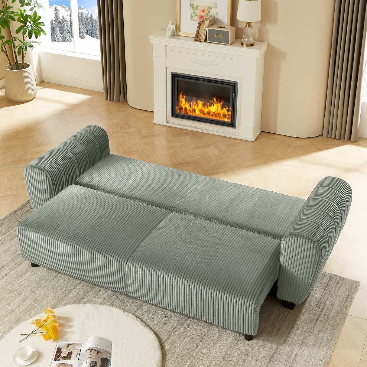 Corduroy-Upholstered-3-Seat-Sofa-Couch,2-in-1-Convertible-Sleeper-Sofa,-Light-Gray-Sofas-&-Sectionals