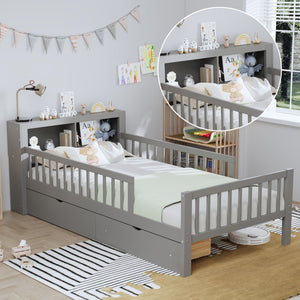 Bed With Headboard Storage Rack, 2 Under Bed Drawers, 3 Side Guardrails For Safety