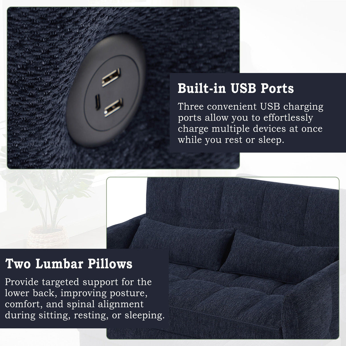 Loveseat Sofa Pull-Out Bed With Adjustable Backrest, 3 USB Ports And 2 Lumbar Pillows For Living Room