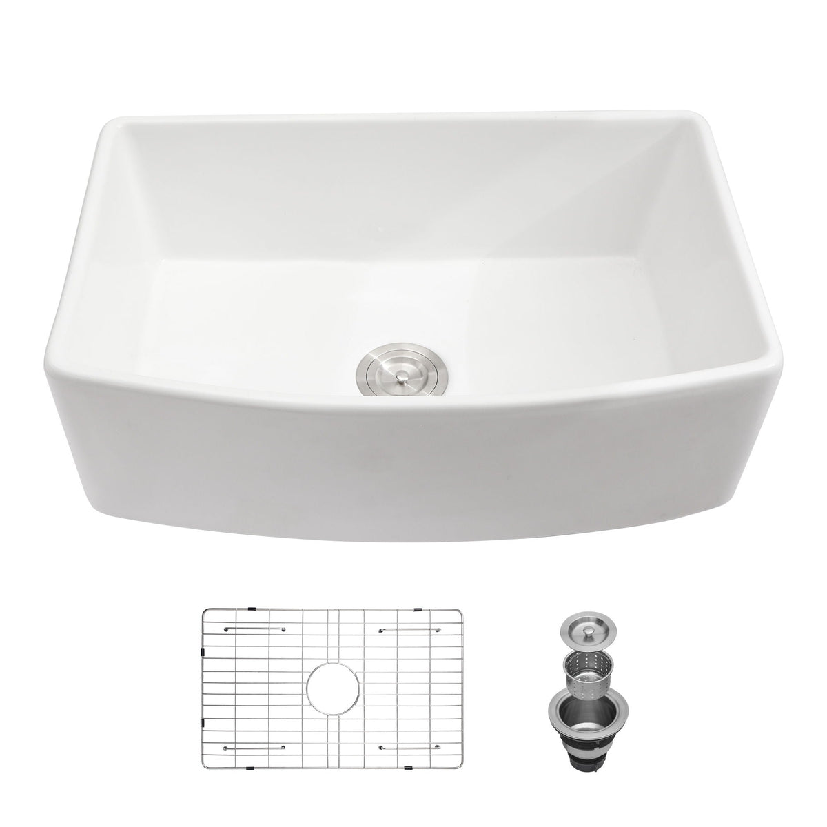 Ceramic Farmhouse Sink Apron Front Single Bowl with Arch Edge - White