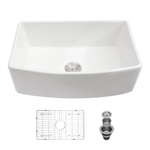 Ceramic Farmhouse Sink Apron Front Single Bowl with Arch Edge - White