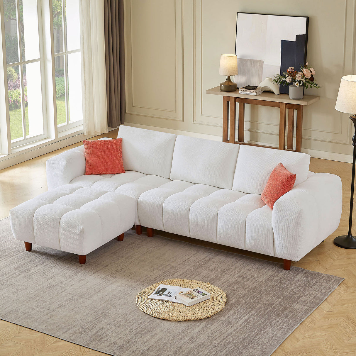 111.81-Inch-Convertible-Sectional-Sofa-Couch,-L-Shaped-Sofa-with-Fabric-Couch,Modern-Design-Cream-Style-Marshmallow-Sofa-for-Living-Room-and-Office,White-