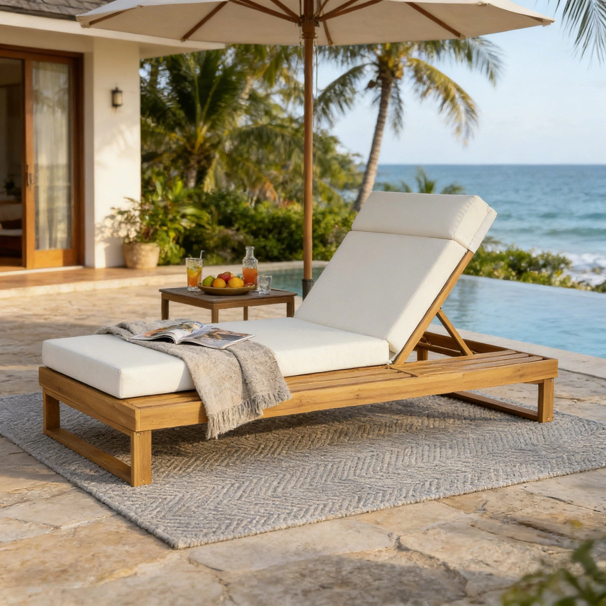 Teak Finish Acacia Wood Chaise Lounge with 4-Inch Cushion