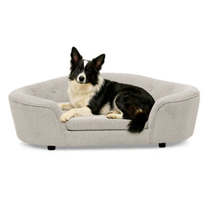 OVERSIZED Size Oval Semi-Enclosed Dog Sofa - Durable Linen Material, Button-Tufted Backrest, High-Center Low-Sides Support & Plush Comfort-Beige