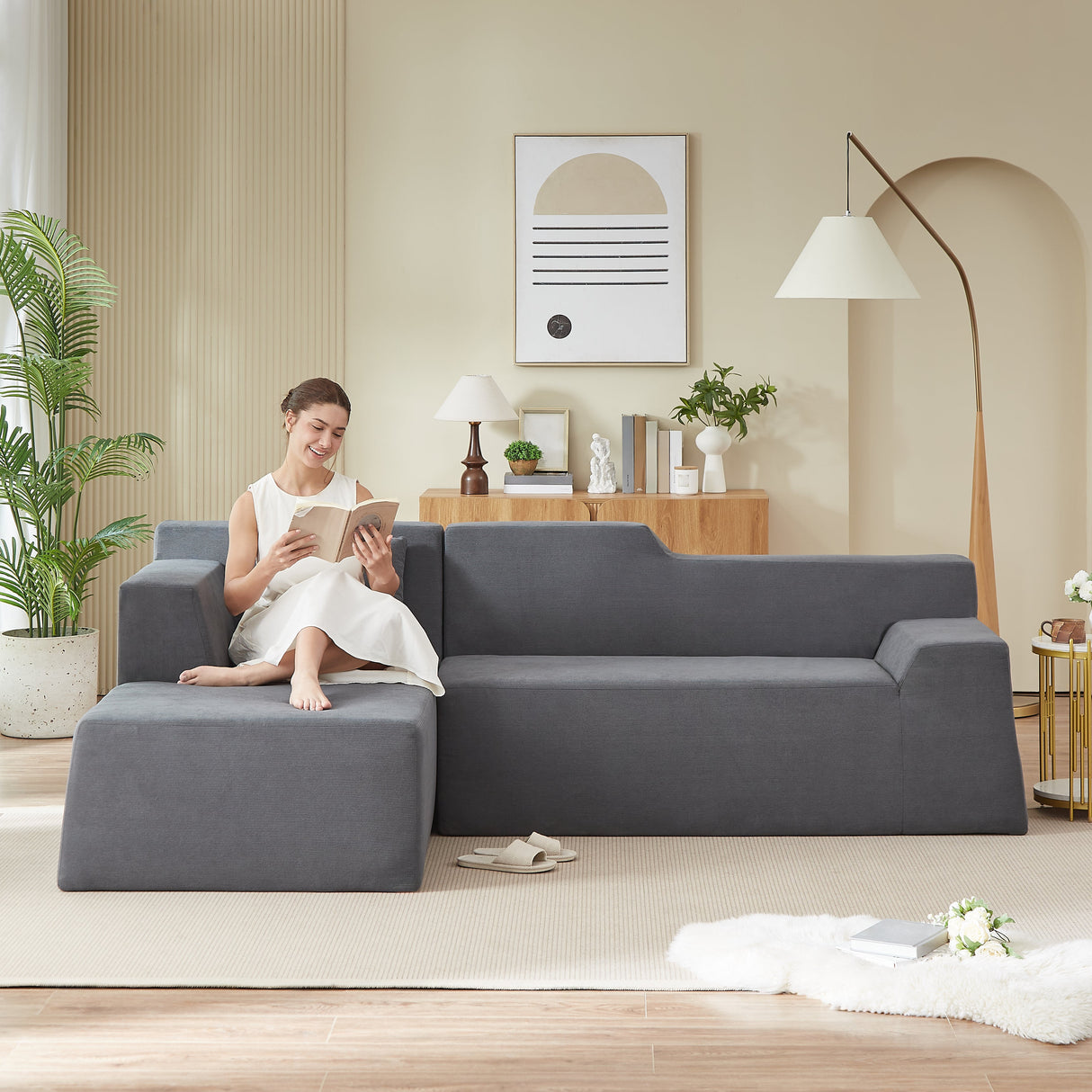 Modern Minimalist L-Shaped Corduroy High Back Sofa