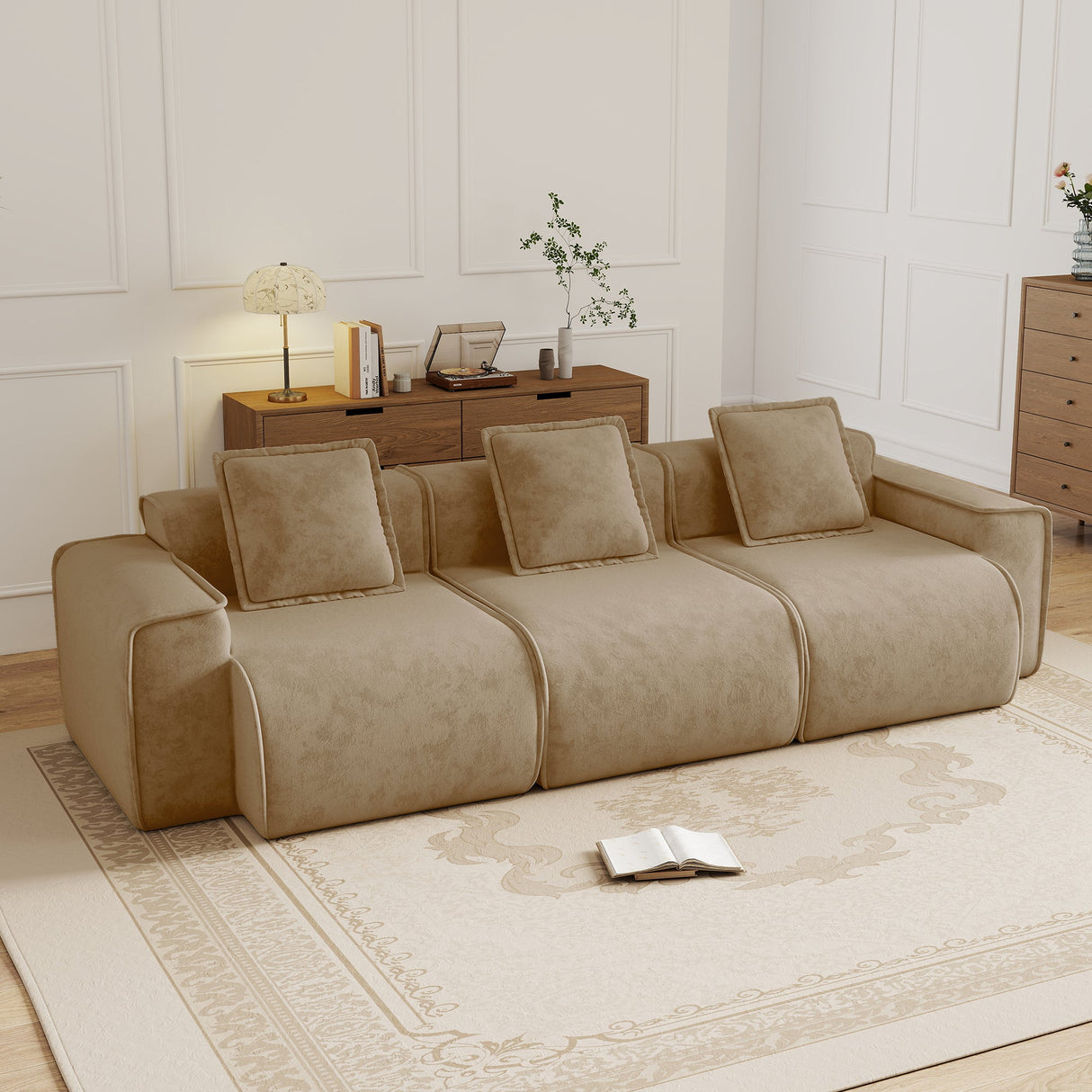Deep Seat Modular 3 Seat Boneless Sofa with French Edge Piping