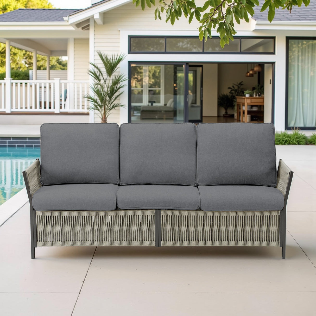 73.6" Outdoor Patio Sofa, 3-Seat Rattan Couch