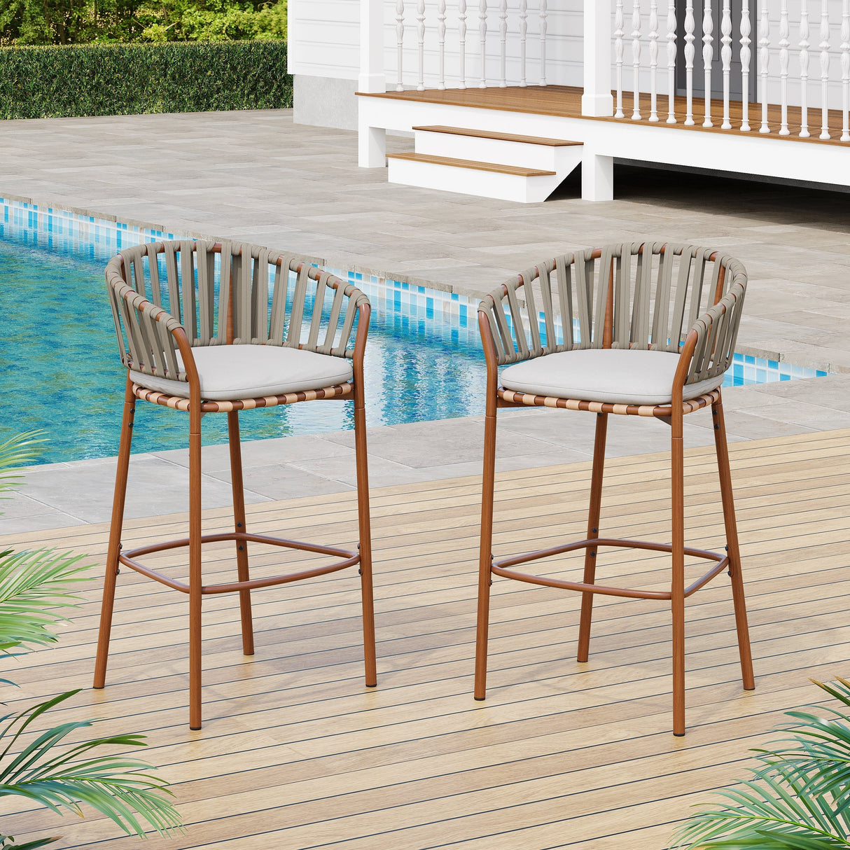 Lodi Outdoor Metal Rope Barstool with Teak Finished Frame and Beige Cushion - Set of 2
