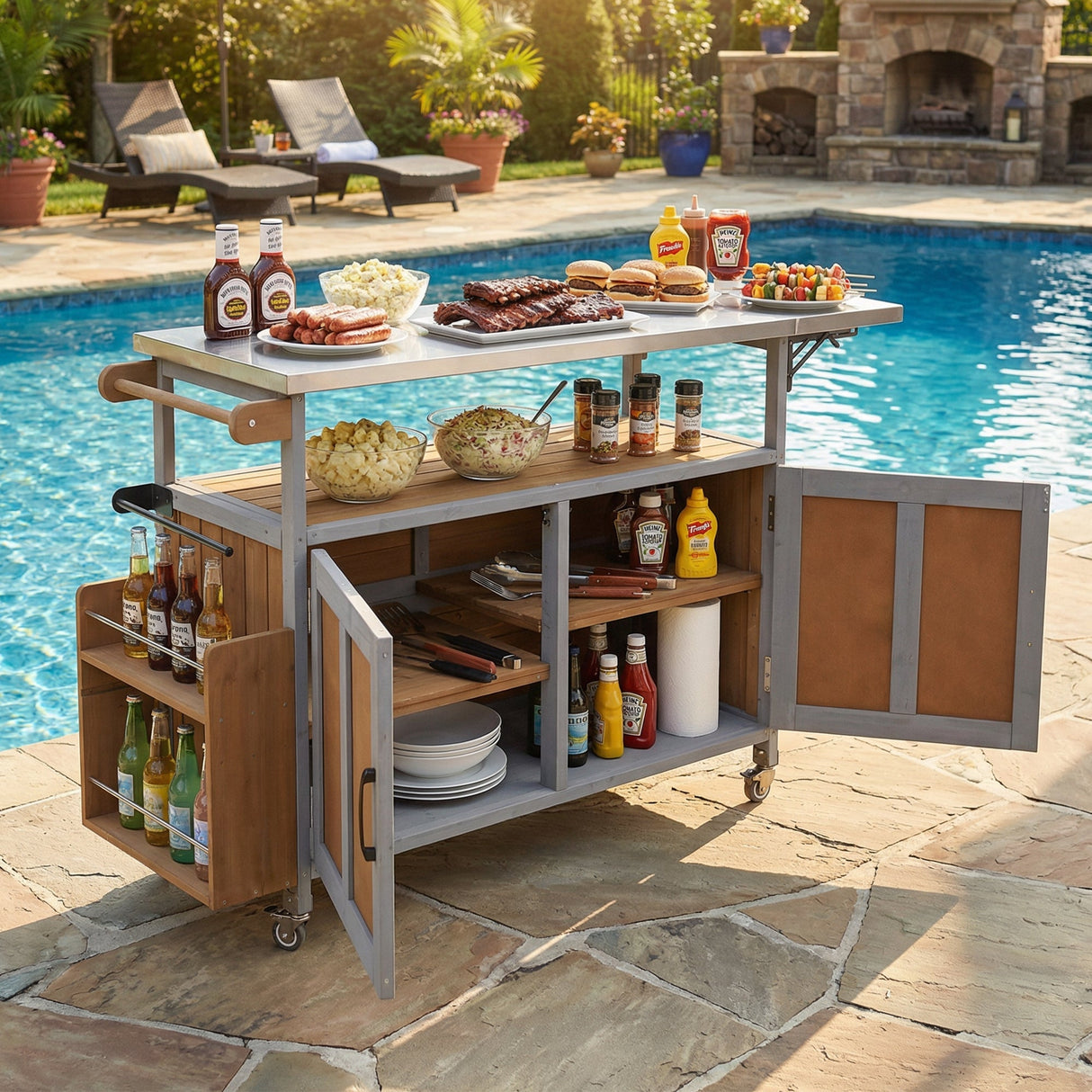 Foldable Outdoor Kitchen Island Patio Mobile Kitchen Cart