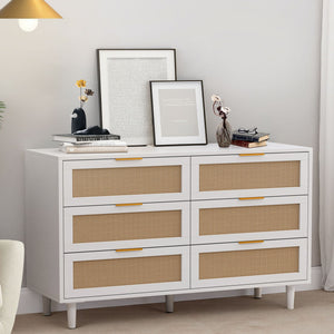 6 Drawer Storage Cabinet with Modern Rattan Drawers - Light Brown, Black, or White