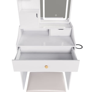 3 Color LED Vanity Mirror With Stool, 2 Drawers & 5 Storage Cabinets, Adjustable Lighting - White