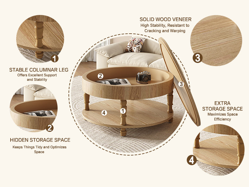 Coffee Table with Dual Storage for Living Room31.5' Modern Round Coffee Table with Storage and Hidden CompartmentAdjustable Leveling FeetEasy Assembly(Natrual Wood)