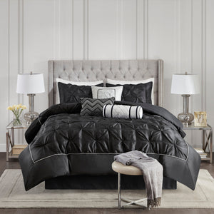 Black 7 Piece Tufted Comforter Set with Embroidered Details - King