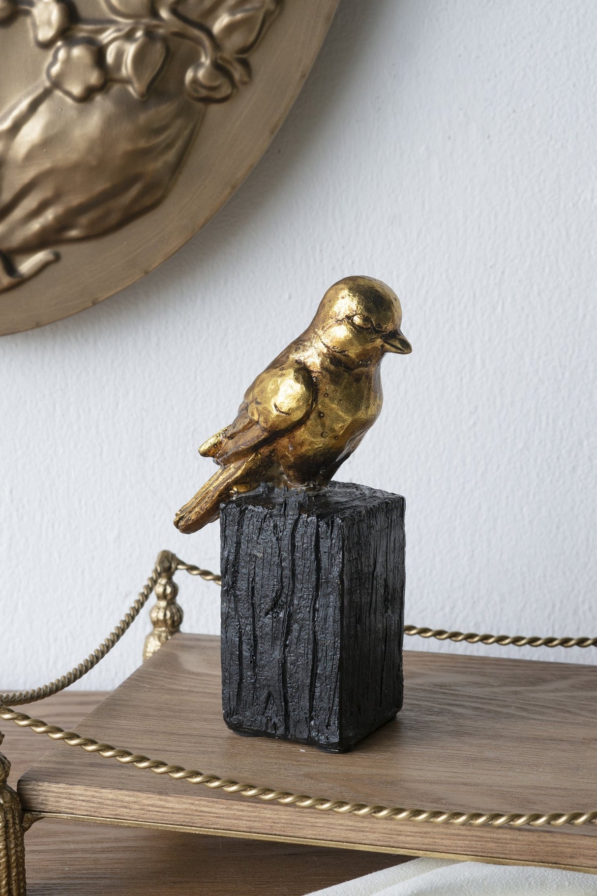 4.5x2.5x7.5' Gold Resin Songbird Sculpture on Black Faux Branch