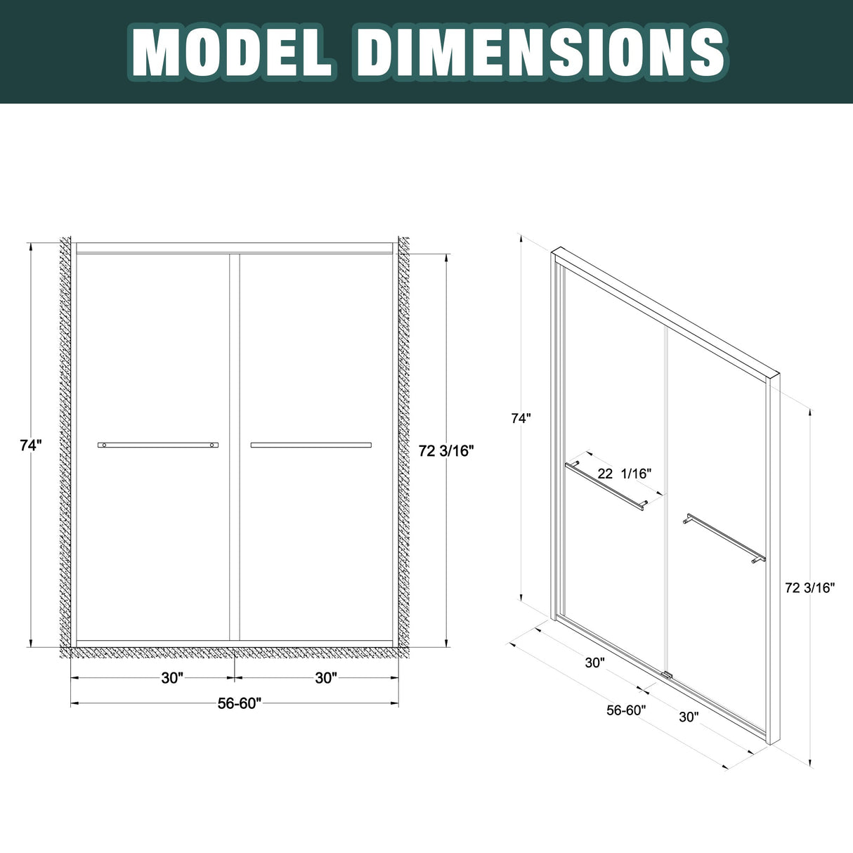 56-60"x74" Aluminum Frame Double Sliding Shower Door