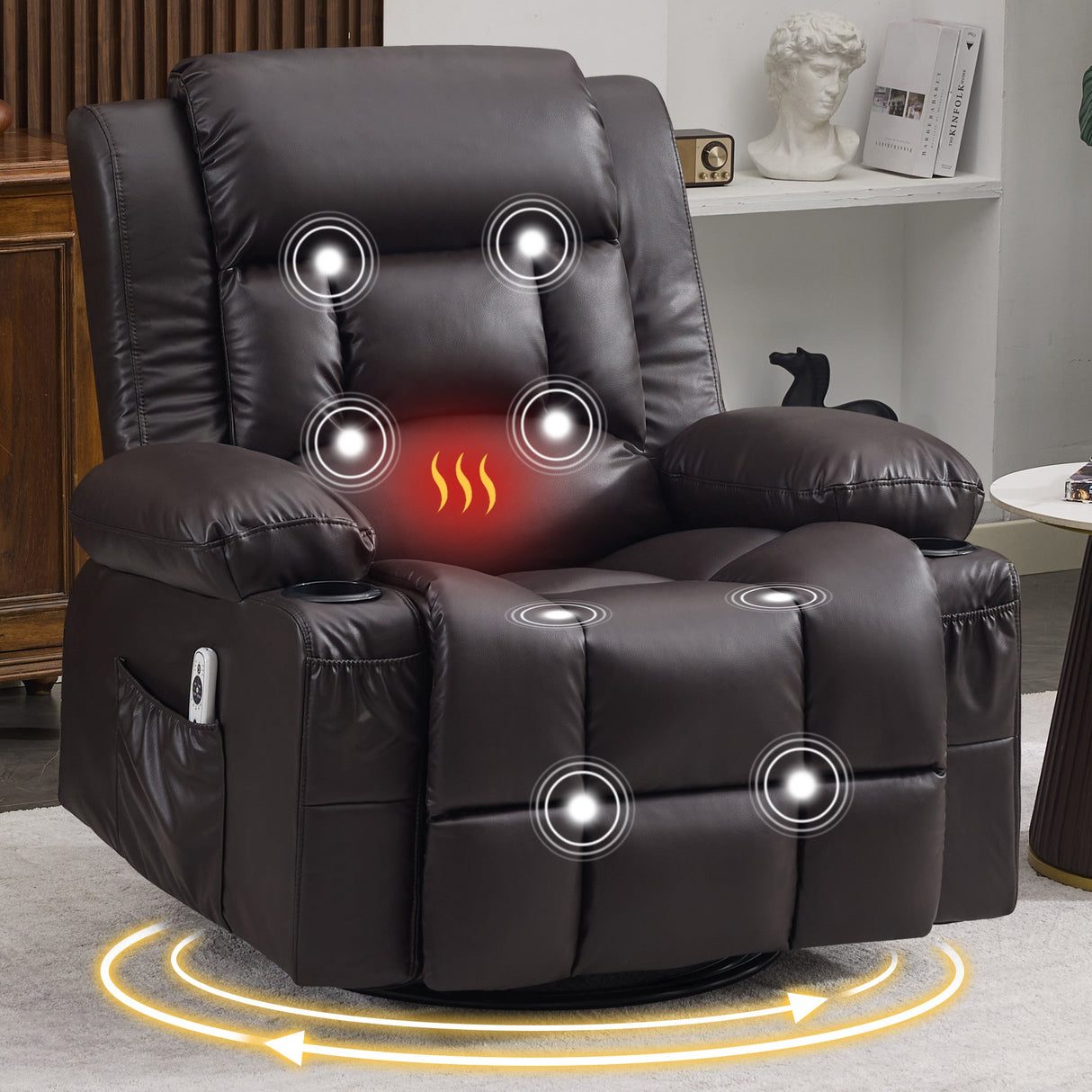 360° Swivel Rocker Recliner for Adults, Nursery Glider Recliner with Vibration Massage and Heat,Rocking Chair with Cup Holder, Manual Recliner Chair for Living Room, Bedroom (Leather,Brown)