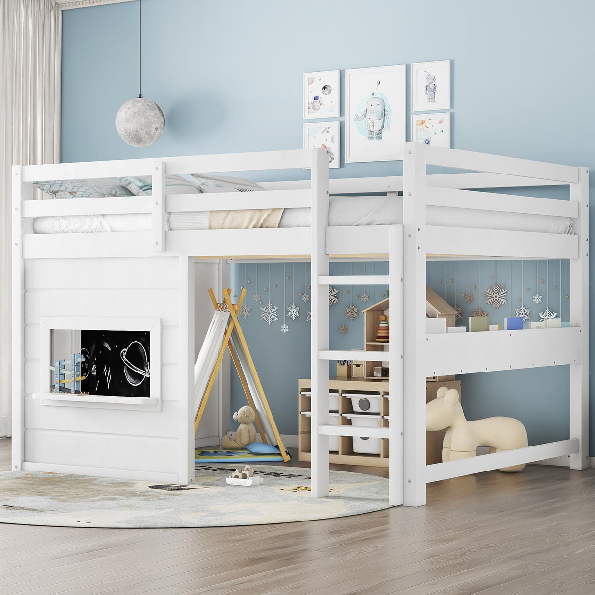 Full Size Loft Bed With Sliding Chalkboard & Bookshelf