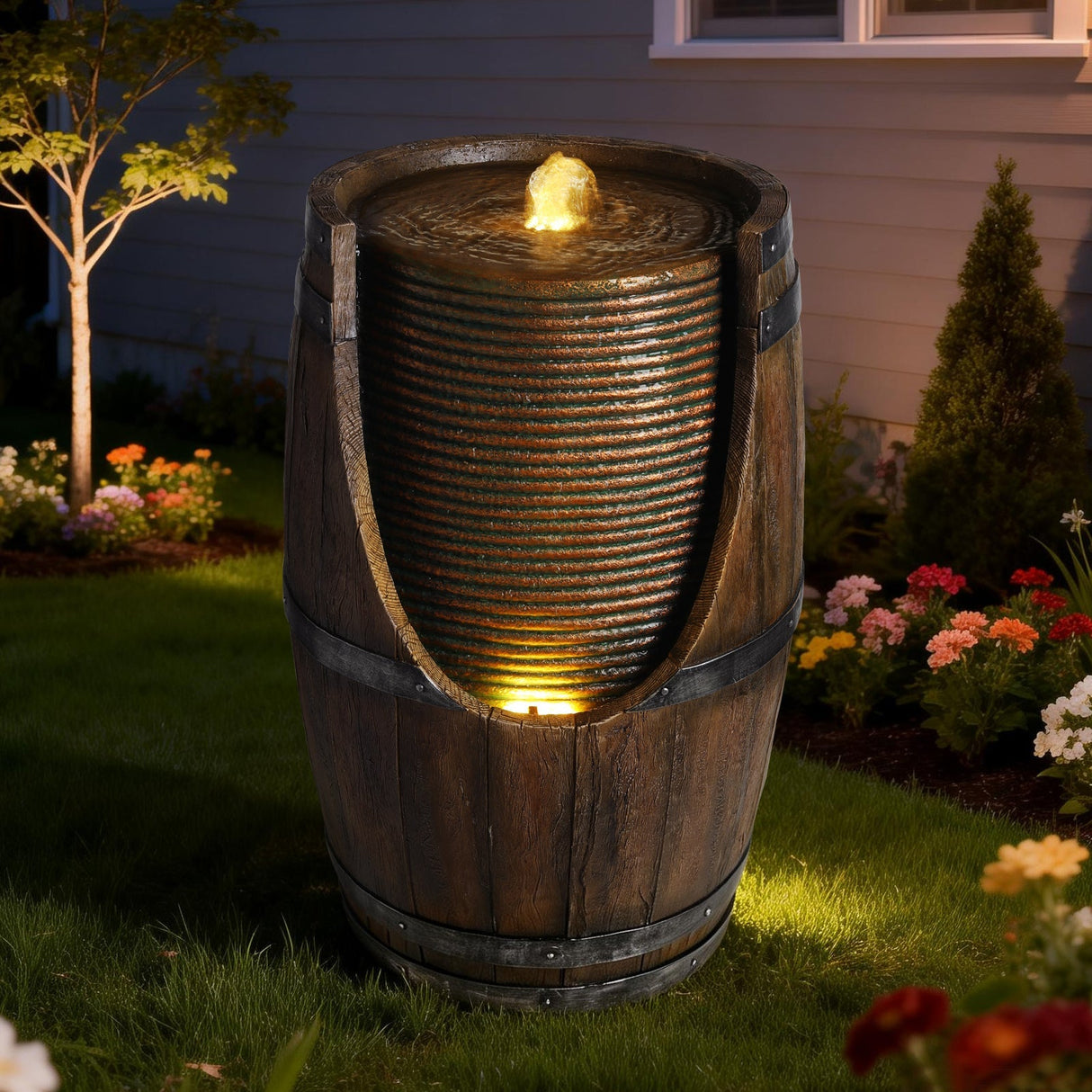 Outdoor Barrel Water Fountain with Lights Rustic Wood Look Resin Handmade Waterfall Garden Decor for Patio Yard Porch
