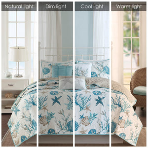6 Piece Cotton Sateen Quilt Set with Throw Pillows Aqua Full/Queen