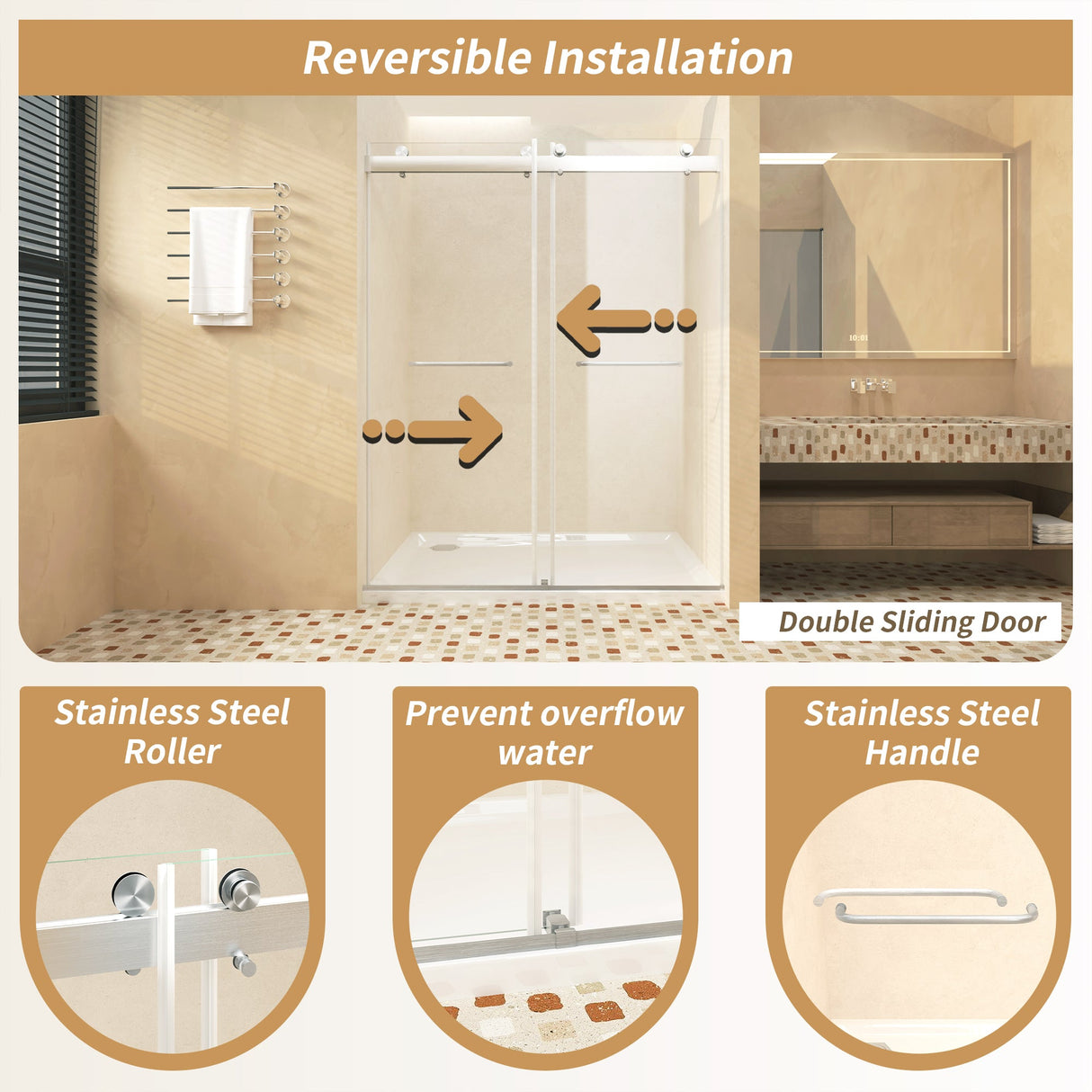 Frameless Sliding Glass Shower Doors 56-60" Width x 76" Height