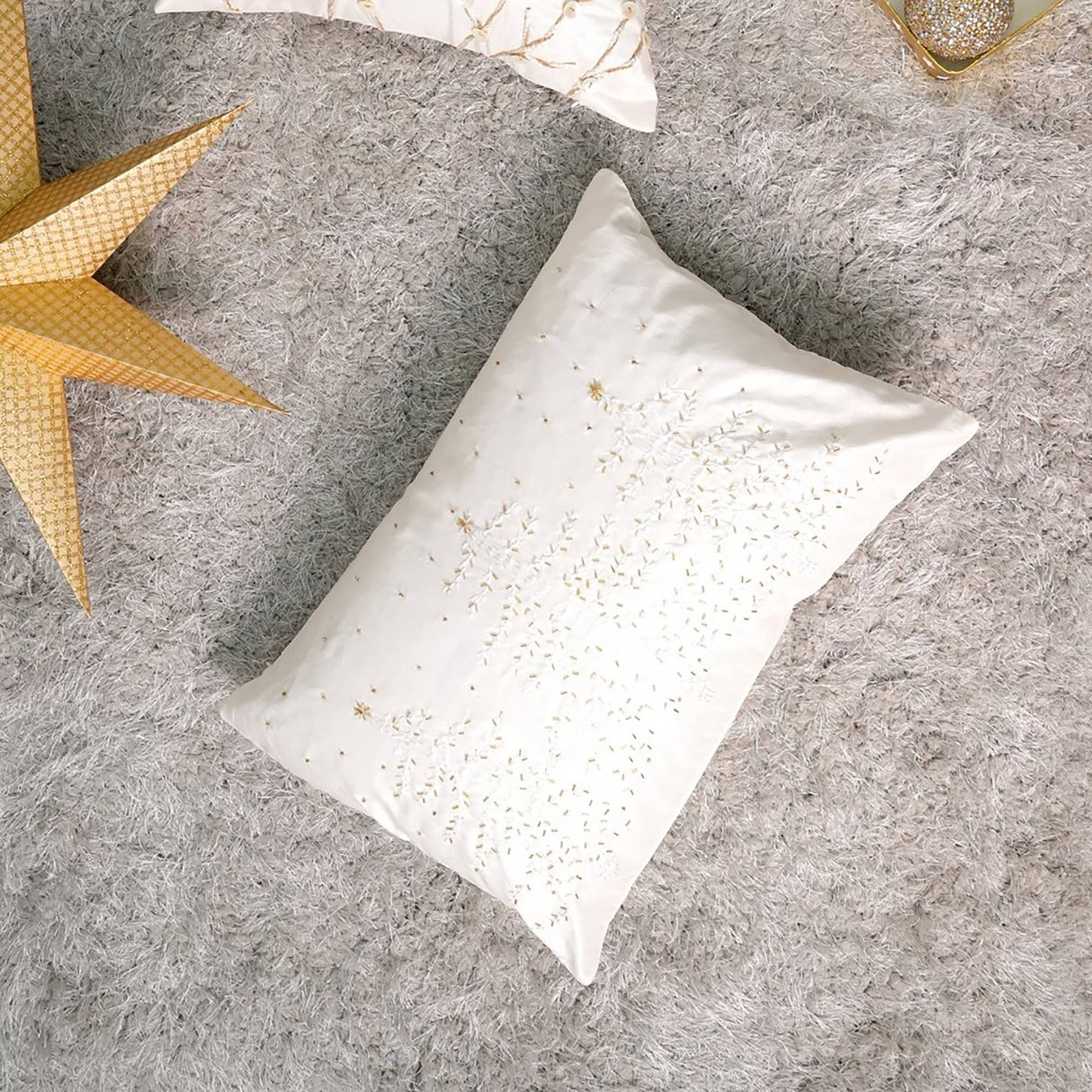 100% Polyester Ivory Lumber Pillow with Embroidery & Bead Work – Soft & Stylish Accent-24X16'