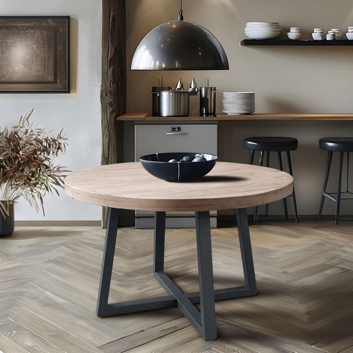 Round Dining Table With Wire Brushed Mindi Top And Mahogany Base - Wheat