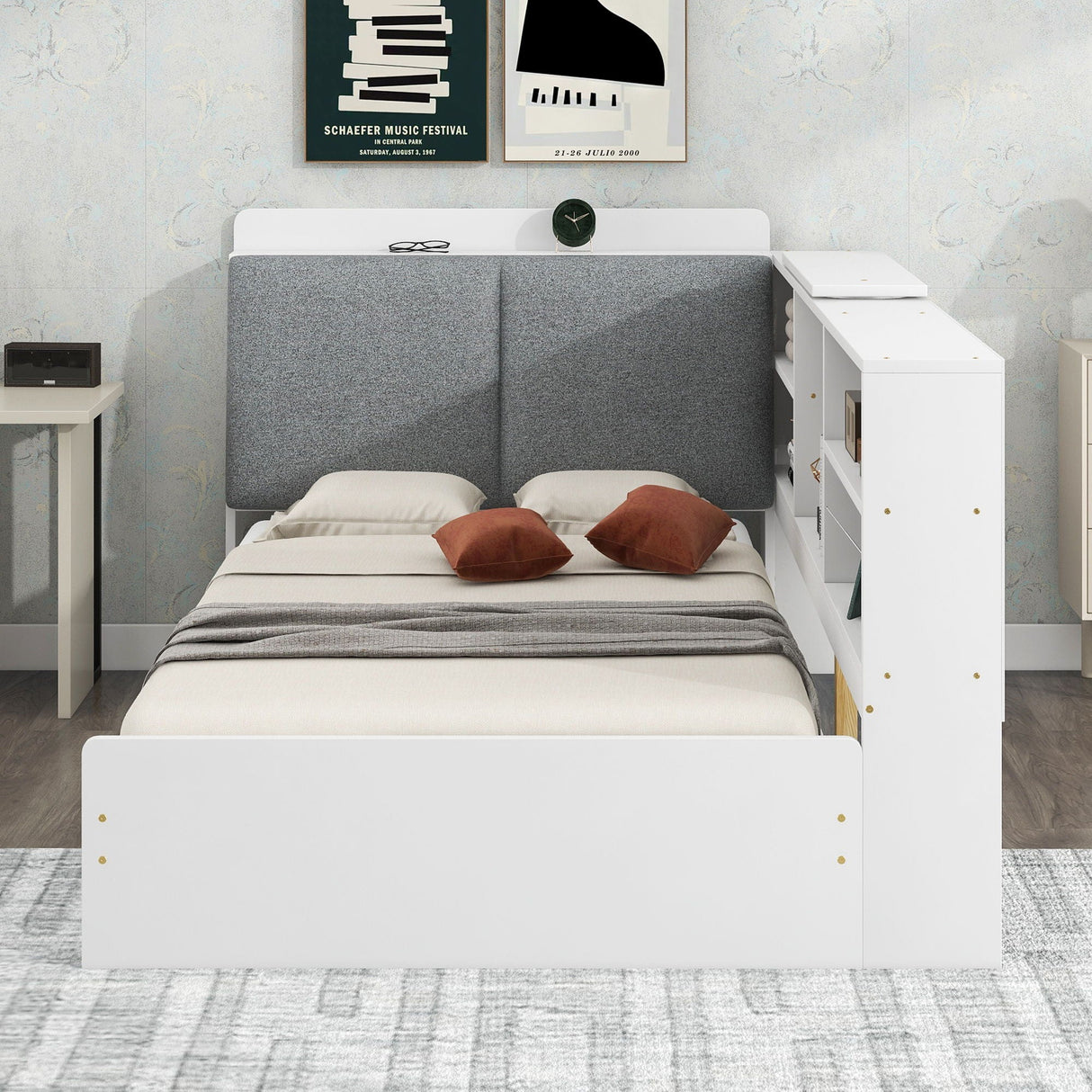 Platform Bed With Storage Headboard, Shelves And 2 Drawers