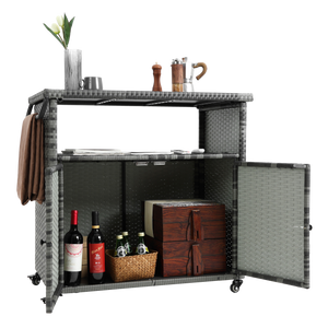 Outdoor Wicker Bar Cart with Glass Top and Wheels