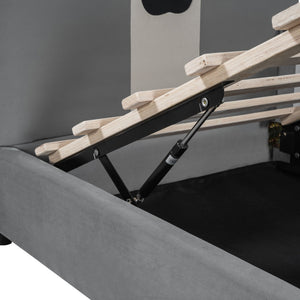 Upholstered Daybed With Bear Shaped Headboard, Hydraulic System And Breathable Fence