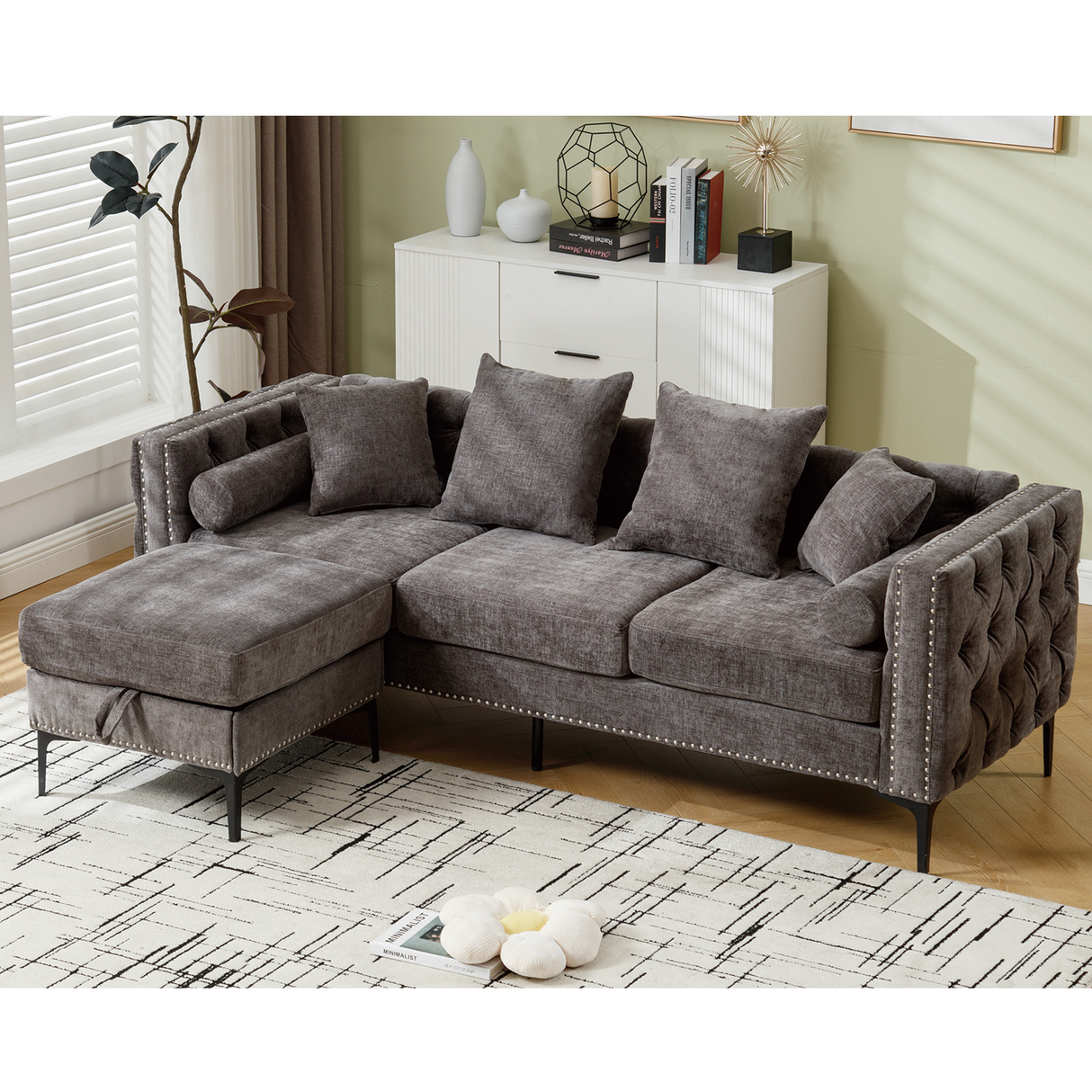 L Shaped Sectional Sofa, Chenille, Dark gray