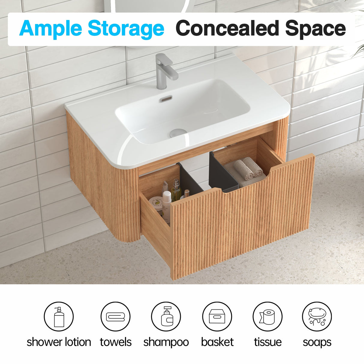 30-Inch Wall-Mounted Floating Solid Wood Bathroom Vanity