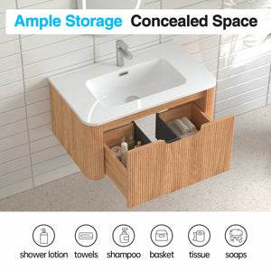 30-Inch Wall-Mounted Floating Solid Wood Bathroom Vanity